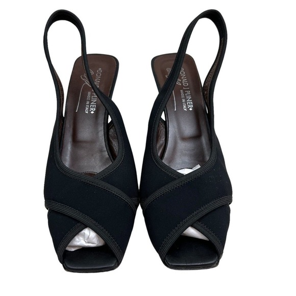 Donald J Pilner Tyna Sandal Wedge Textile Crossover Peep Toe Black Women Size 8M - Picture 4 of 9